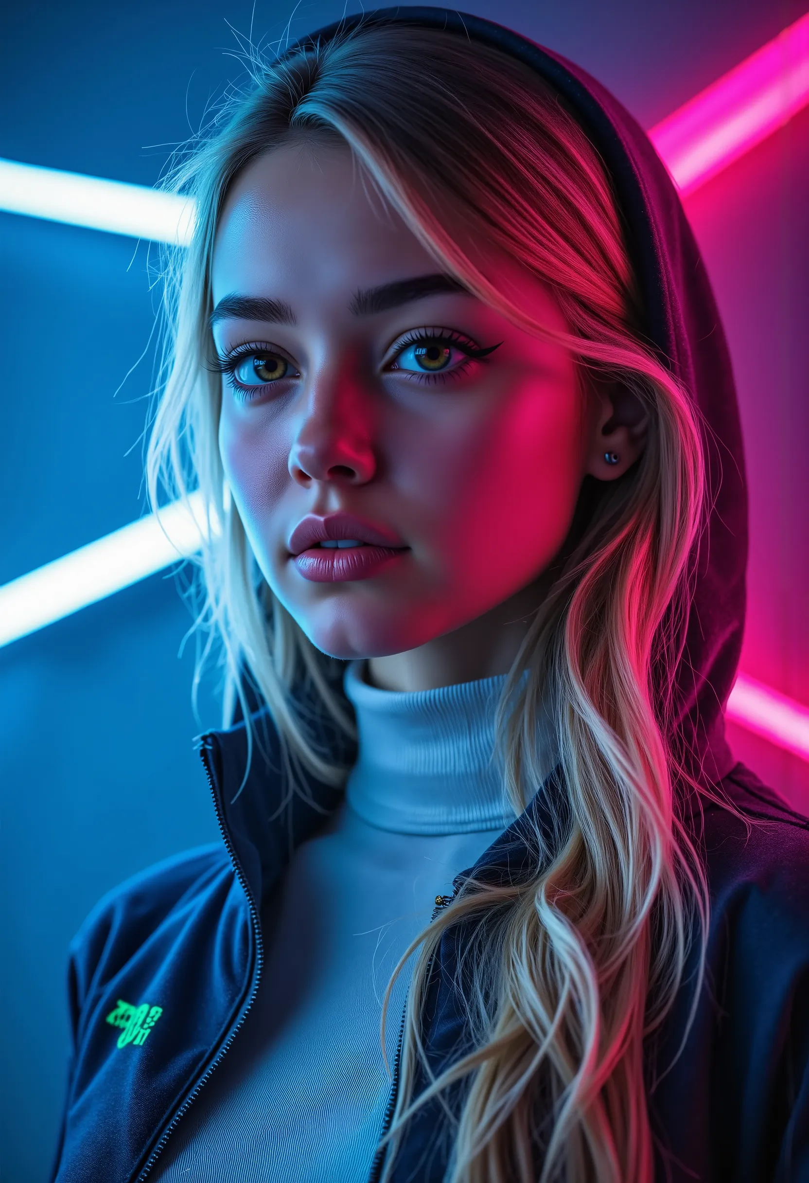  [Style: "masterpiece, realistic, (photo realistic Realism), ultra-detailed, Hyper high resolution"] 1girl, full body,blonde hair, hooded jacket, serious expression, vibrant neon colors, (Key Directive: - ("The priority is the anatomical accuracy and textu...