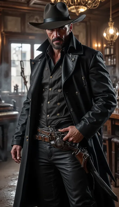Hyper-realistic cinematic scene of a Western gunslinger mid-motion as he draws a polished revolver inside a luxurious old western saloon. The man stands tall, wearing a tailored leather coat with brass accents, a dust-stained vest beneath, and a dark, wide...