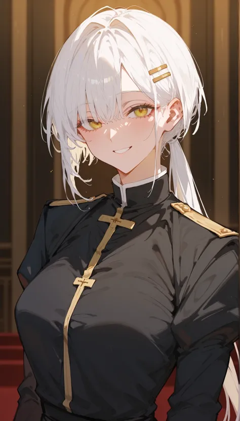 girl,white hair,in a yellow eye,,long hair,priest,Milf,short hair,Spotted hair,Hair clip ,long ponytail,Black suit,,smile,slim,รูปร่างกายgirlนบน,