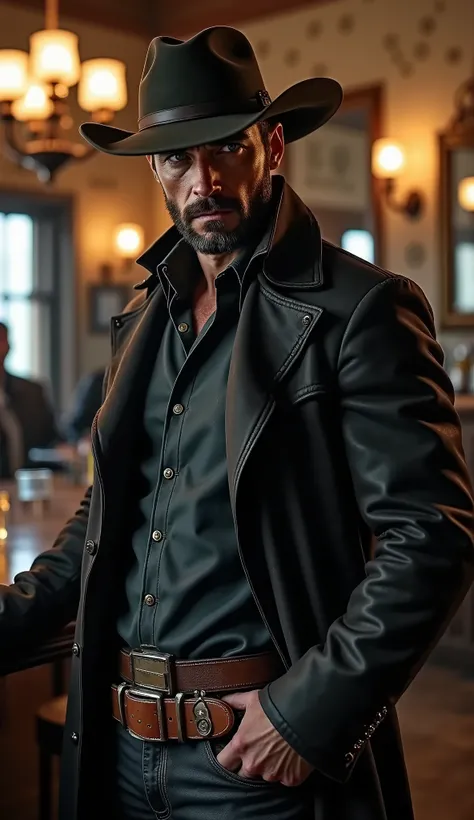 Hyper-realistic cinematic scene of a Western gunslinger mid-motion as he draws a polished revolver inside a luxurious old western saloon. The man stands tall, wearing a tailored leather coat with brass accents, a dust-stained vest beneath, and a dark, wide...
