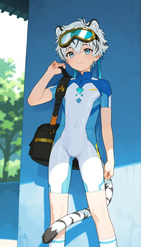 a boy, short hair,cute,一个棕发的穿着白色裤袜的 Shota, wearing goggles on the head, White Tiger Ears , masterpiece, best quality ,male focus, Shota,summer,Short sleeve,cowboy shot,Little Hero,happy,(( white socks)),sneakers,shota wearing a form-fitting bodysuit with a...