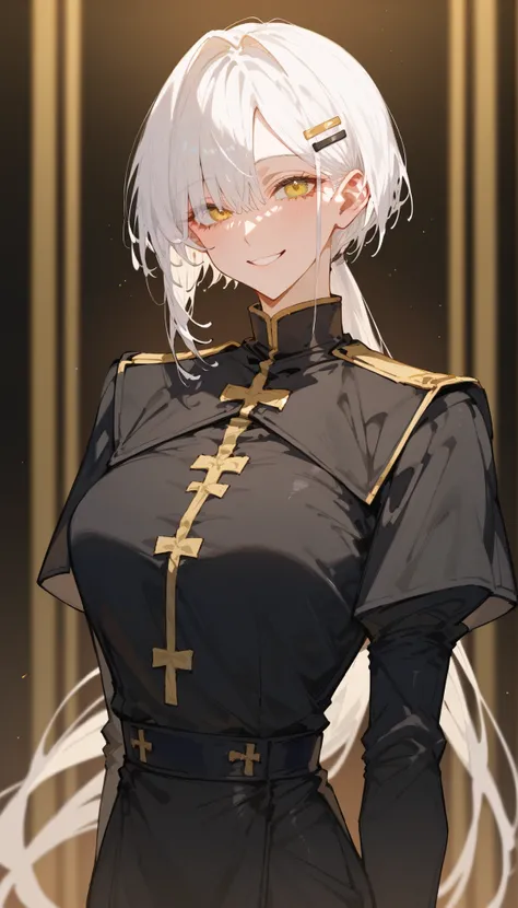 girl,white hair,in a yellow eye,,long hair,priest,Milf,short hair,Spotted hair,Hair clip ,long ponytail,Black suit,,smile,slim,รูปร่างกายgirlนบน,