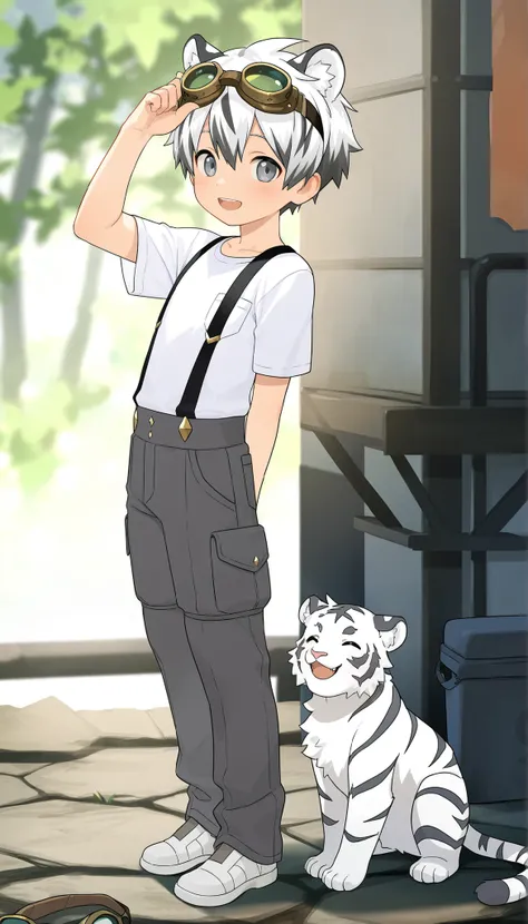 White T-shirt,，((dark grey suspender pants))，grey low rise pants，a boy， short hair，cute，goggles worn on the head， White Tiger Ears ， masterpiece, best quality ，male focus， Shota，Short sleeve，Standing，happy，pocket，full body image