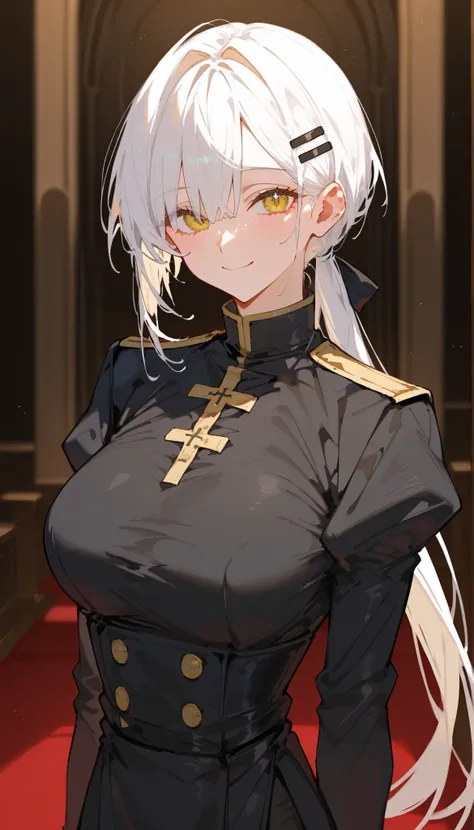 girl,white hair,in a yellow eye,,long hair,priest,Milf,short hair,Spotted hair,Hair clip ,long ponytail,Black suit,,smile,slim,รูปร่างกายgirlนบน,cute,