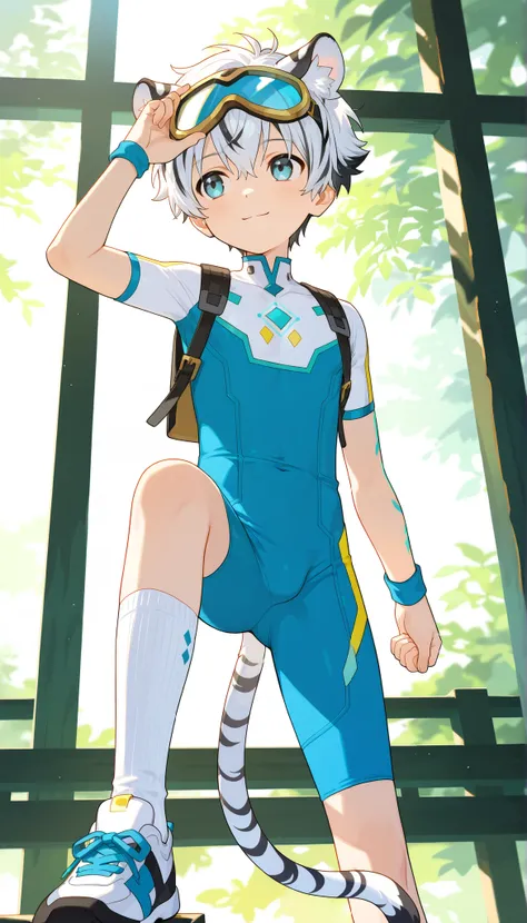 a boy, short hair,cute,一个棕发的穿着白色裤袜的 Shota, wearing goggles on the head, White Tiger Ears , masterpiece, best quality ,male focus, Shota,summer,Short sleeve,cowboy shot,Little Hero,happy,(( white socks)),sneakers,shota wearing a form-fitting bodysuit with a...