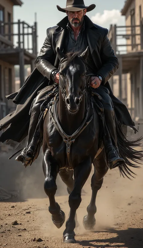 Hyper-realistic cinematic action scene of a Western gunslinger mid-shot, riding a black stallion at full gallop across a dusty desert trail. The gunslinger wears a weathered dark leather duster, flaring behind him in the wind, and a wide-brimmed hat castin...