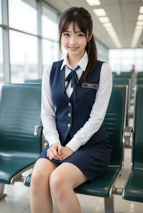 ( photorealism:1.2), Japanese woman' thick legs, Japanese Self-Defense Officer ,uniform,navy blue vest,navy blue tie, navy blue pencil skirt, white shirts, long sleeve , low ponytail, with a smile、Laughter and conversation 、She's sitting in an airpor...