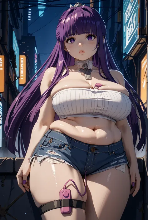 after being played in high definition、Highest Quality、fern((long hair, bangs, purple eyes, purple hair, half updo, Flushing Face、 big body 、Big Breasts、 big butt、tube top、top bust、low-rise denim shorts、Large Saggy Breasts、wide hips、A wide range of bodies、S...