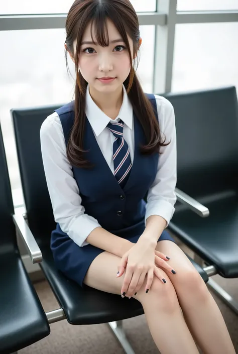 ( photorealism:1.2), Japanese woman' thick legs, Japanese Self-Defense Officer ,uniform,navy blue vest,navy blue tie, navy blue pencil skirt, white shirts, long sleeve , low ponytail, with a smile、Laughter and conversation 、She's sitting in an airpor...