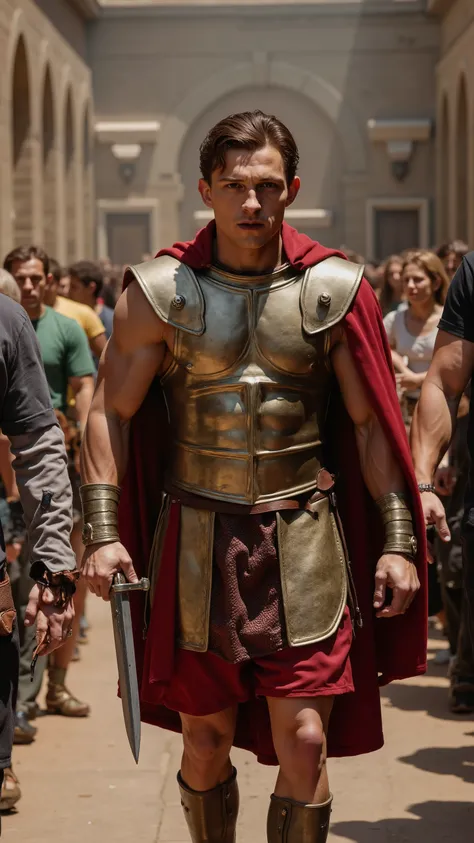 Tom Holland reimagined as Gladiator walking and holding a short Roman dagger, 1 male, short brown hair, boyish but defined face, agile build, wearing light gladiator armor with bronze plates, leather straps, and a red shoulder cloak. In his hands he holds ...