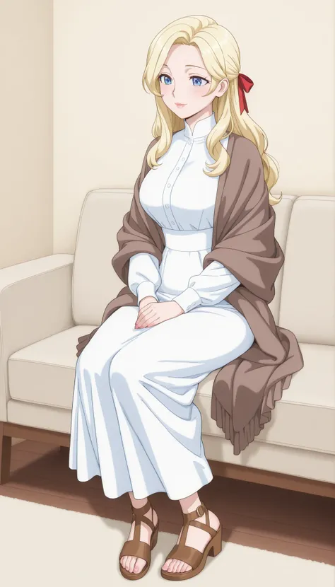 A mature beautiful woman with blond hair, extremely fair white natural skin, big blue-hazel eyes, red plump glossy lips, a small waist, and a perfect slim yet curvy body. She's only wearing a long ankle-length white garment with full sleeves, a long brown ...