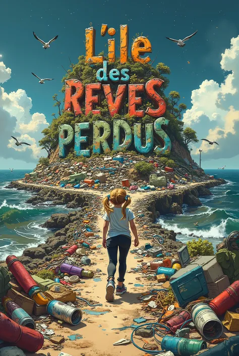 A whimsical, vibrant illustration featuring the title : “L'ILE des REVES PERDUS” made in recycled waste, garbage damaged letters in a grunge, gross, cartoon font, this title on top of a nasty polluted island hill of trash, a dirty ocean around filled with ...