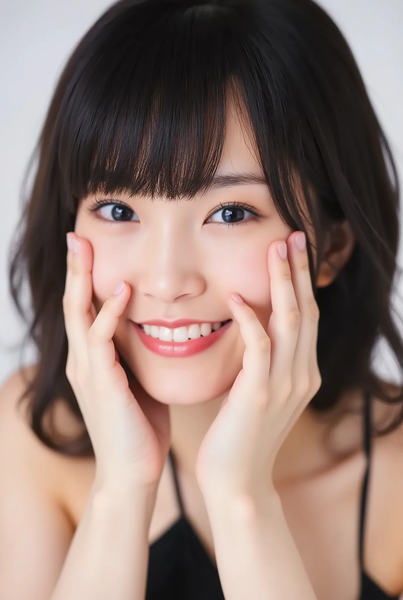 extreme close-up portrait, beautiful girl with her love-struck, radiant face filling the entire frame (95% face ratio), gently placing both open hands on her flushed cheeks with soft fingers, soft black camisole, white blurred background, eyes dreamy and h...