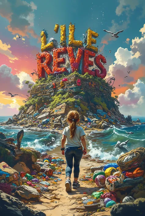 A whimsical, vibrant illustration featuring the title : “L'ILE des REVES PERDUS” made in recycled waste, garbage damaged letters in a grunge, gross, cartoon font, this title on top of a nasty polluted island hill of trash, a dirty ocean around filled with ...
