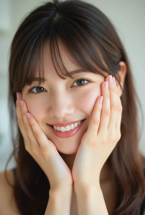 extreme close-up portrait, beautiful girl with her love-struck, radiant face filling the entire frame (95% face ratio), gently placing both open hands on her flushed cheeks with soft fingers, soft black camisole, white blurred background, eyes dreamy and h...