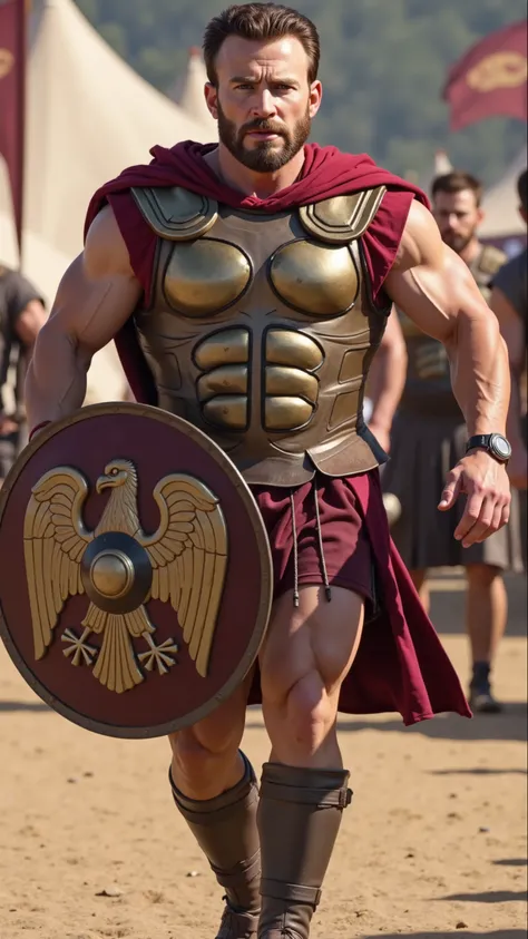 Chris Evans reimagined as Gladiator walking and holding a large round shield, 1 male, short brown hair, clean-shaven, determined expression, wearing traditional Roman centurion armor with red tunic, gold-plated chest armor, and a red plume helmet. In his h...