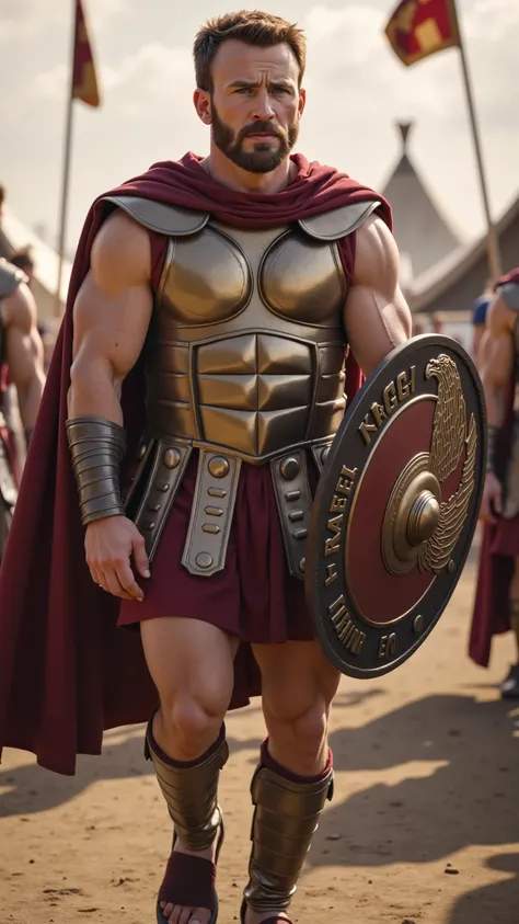 Chris Evans reimagined as Gladiator walking and holding a large round shield, 1 male, short brown hair, clean-shaven, determined expression, wearing traditional Roman centurion armor with red tunic, gold-plated chest armor. In his hands he holds a large ro...