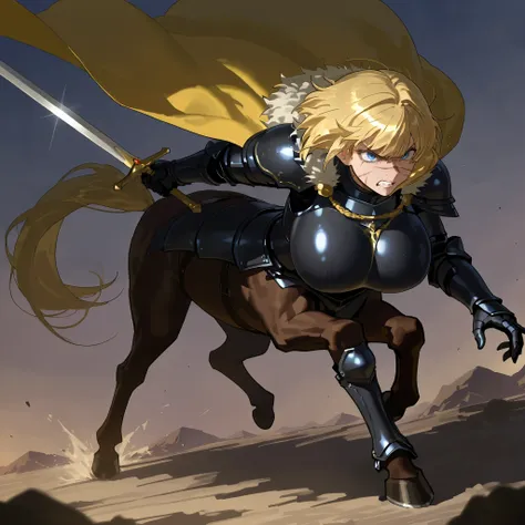 masterpiece, best quality, ultra-detailed, best illustration, solo, full body, 1girl, milf, centaur, draft horse, huge centaur, bob cut hair, chin-length hair, bangs, blonde hair, blue eyes, scars on the nose, scar face, freckle, huge breasts, black armor,...