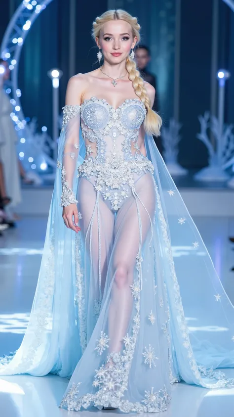 Dove Cameron reimagined as an Elsa princess, parades down the catwalk of a fashion show､1 female､full body, platinum-blonde hair styled in a dramatic sculptural braid woven with shimmering icicle crystals and delicate snowdust, glacial blue eyes, pale pink...
