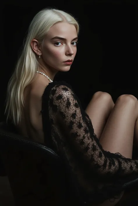 photorealistic portrait of a seductive girl, she has long white hair, she is wearing an open see-through black cape, she has no underwear, she has delicate pearl jewelry, she looks at the viewer with a sensual gaze, sensual expression, natural light skin t...