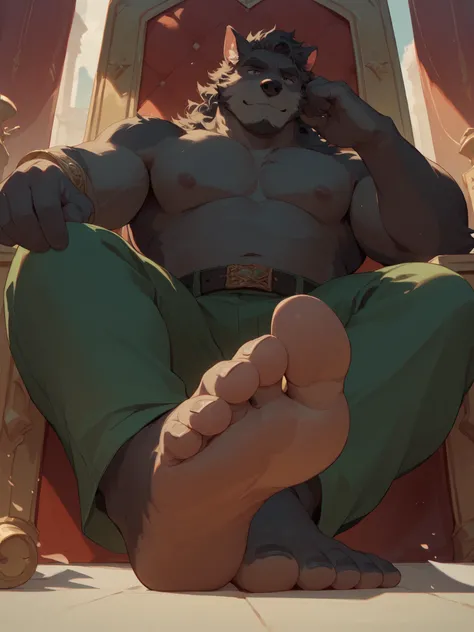 big, furry, muscular male, black wolf, curly hair, mature man, sitting on throne, barefoot, green pants, topless, foot focus, foot fetish, feet are against the camera, low angle view
