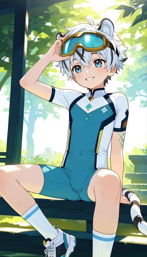 a boy, short hair,cute,一个棕发的穿着白色裤袜的 Shota, wearing goggles on the head, White Tiger Ears , masterpiece, best quality ,male focus, Shota,summer,Short sleeve,cowboy shot,Little Hero,happy,(( white socks)),sneakers,shota wearing a white form-fitting bodysuit ...