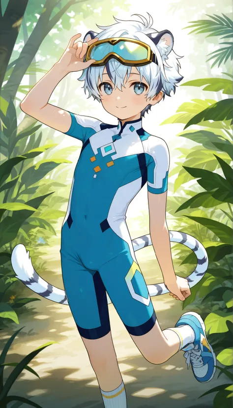 a boy， short hair，cute，一个棕发的穿着白色裤袜的 Shota， wearing goggles on the head， White Tiger Ears ， masterpiece, best quality ，male focus， Shota，summer，Short sleeve，cowboy shot，Little Hero，happy，(( white socks))，sneakers，shota wearing a white form-fitting bodysuit ...