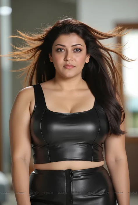  Kajal wearing a wearing Square Neck Fitted Crop Top and leather short skirts. , big waist, thick legs
,full body, huge big breasts,huge cleavage. open hair, indian makeup.
    