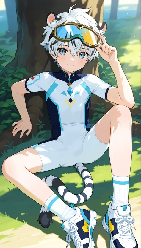 a boy, short hair,cute,一个棕发的穿着白色裤袜的 Shota, wearing goggles on the head, White Tiger Ears , masterpiece, best quality ,male focus, Shota,summer,Short sleeve,cowboy shot,Little Hero,happy,(( white socks)),sneakers,shota wearing a white form-fitting bodysuit ...