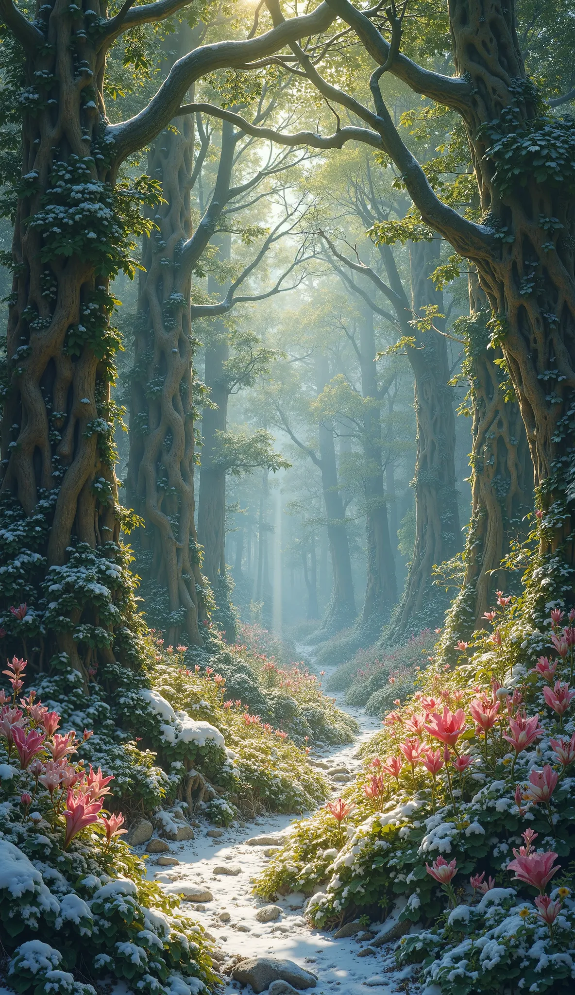  highdefinition images 、 tree々and seven-colored flowers、 A mysterious forest with magical beings hidden in the branches 、 8k 、 High quality Forest of Giants 、 tree漏れ陽、 Forest believed to be a fairy house、 A soft morning sun shines through the snow。