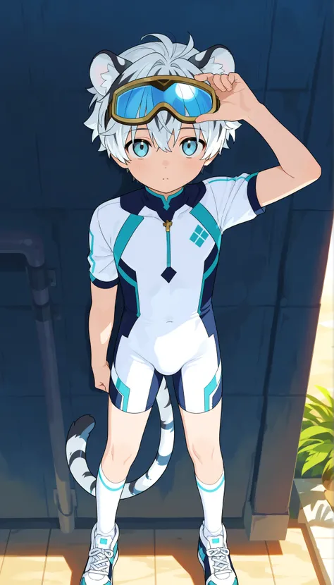 a boy, short hair,cute,一个棕发的穿着白色裤袜的 Shota, wearing goggles on the head, White Tiger Ears , masterpiece, best quality ,male focus, Shota,summer,Short sleeve,cowboy shot,Little Hero,happy,(( white socks)),sneakers,shota wearing a white form-fitting bodysuit ...