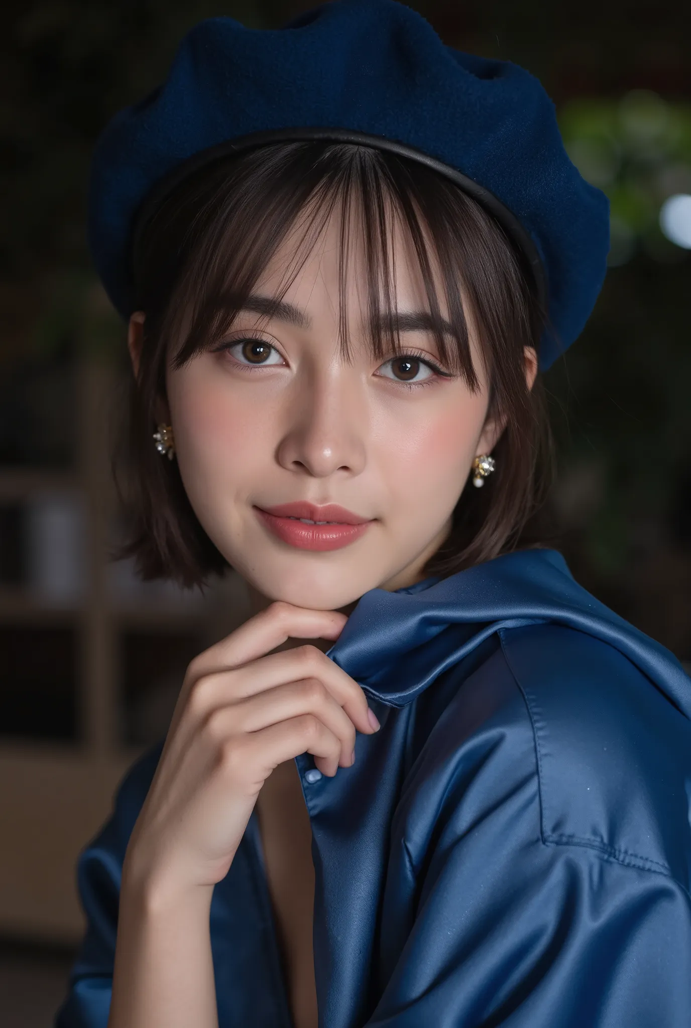 Fajo Geno Style , masterpiece, BEST QUALITY, 1 girl, 21 years old, smile, pink lips, Aqua Eyes, blue beret, Gold, closed mouth, earrings, above Decorati has , gem earrings, jewelry, watching viewers, mini skirt, shirt, Blue Cloak, short hair, Alone, ...