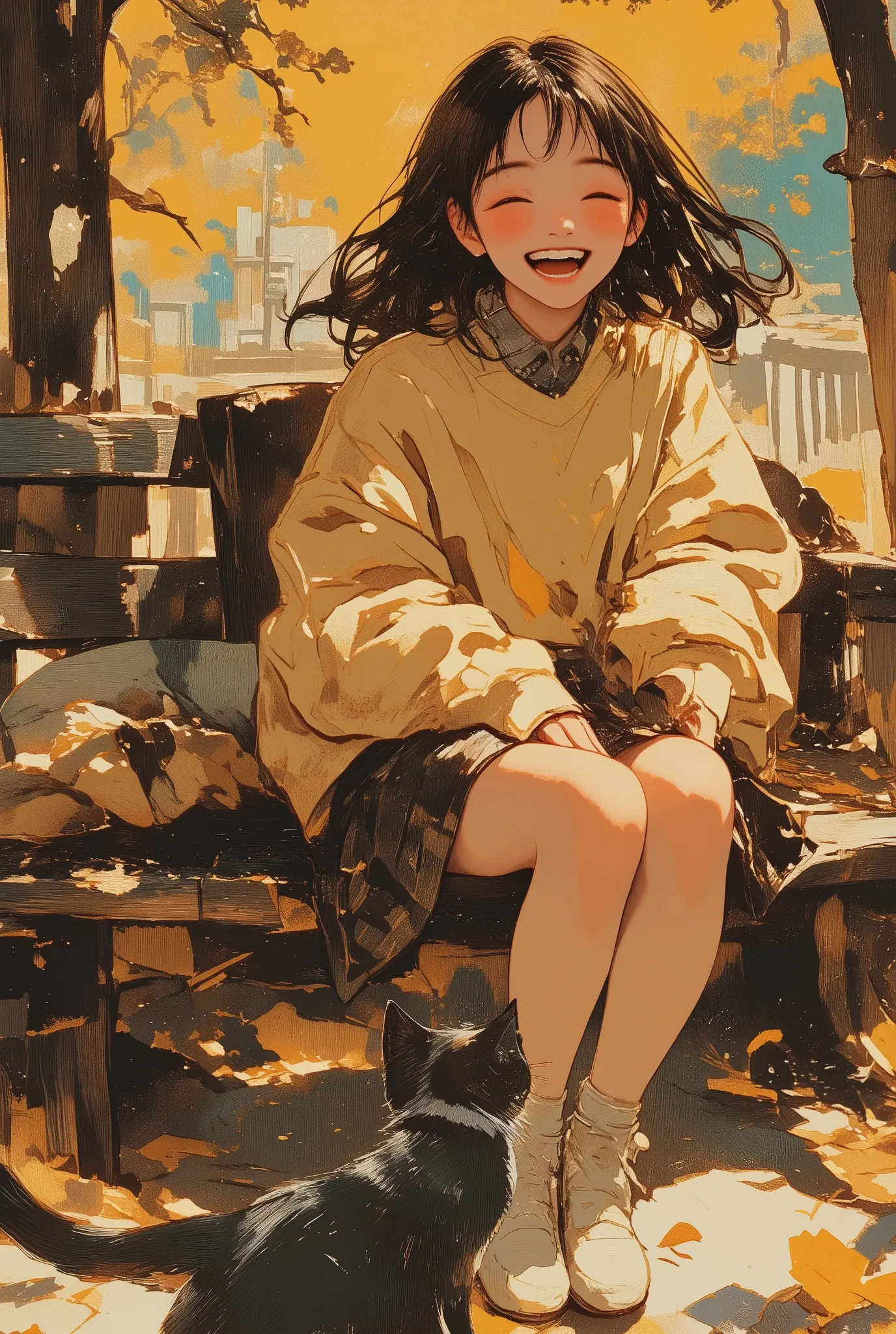 mid-angle view,
a joyful girl sitting on a rustic wooden park bench, overwhelmed with happiness as a friendly cat approaches her,
painted in oil painting style with thick, textured brushstrokes, impasto effect, rich and layered pigment, subtle blending...