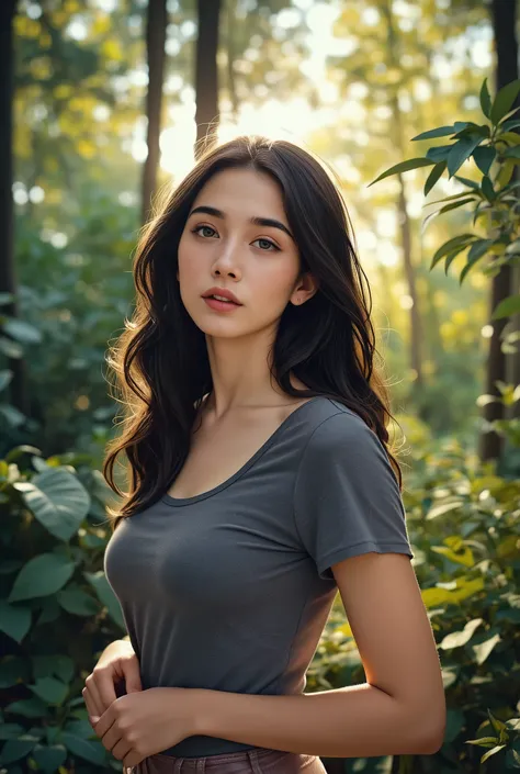 In the sunny forest、There is a young woman with a beautiful face and curly black hair、and big blue eyes。, An attractive face and a thoughtful and careful look , full body, wearing a simple gray shirt and old fashioned pants