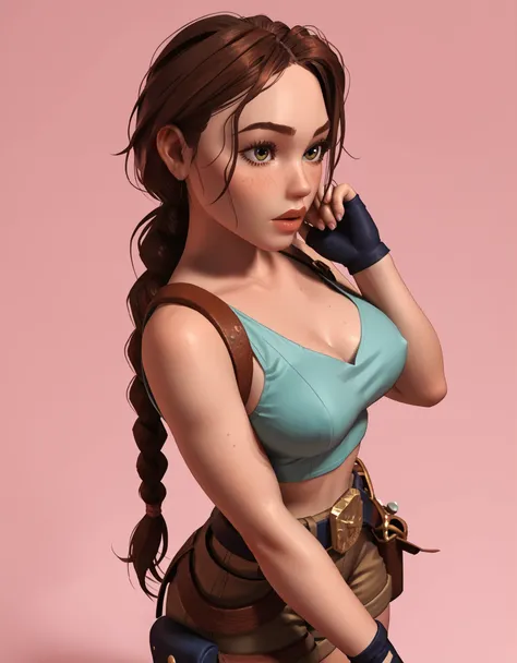 A highly detailed and stylized digital illustration of the athletic and beautiful adventurer Lara Croft, making a sexy pose with a flirty expression, wearing a teal plunging neckline (crop top), brown tactical shorts, two black holsters, black fingerless g...
