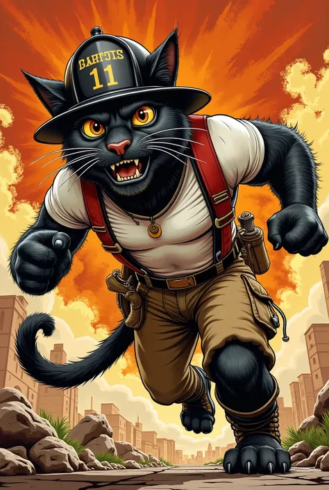 Vintage 70s action comic book cover, Vector Style, lowbrow art, A fierce, untamed muscular anthropomorphic black feral cat with wild eyes, sharp claws, and a rugged appearance. The cat looks serious and confident, symbolizing strength, fearlessness . He is...