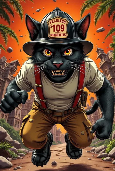 Vintage 70s action comic book cover, Vector Style, lowbrow art, A fierce, untamed muscular anthropomorphic black feral cat with wild eyes, sharp claws, and a rugged appearance. The cat looks serious and confident, symbolizing strength, fearlessness . He is...