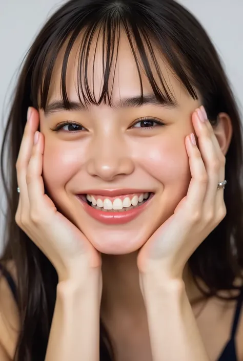 extreme close-up portrait, beautiful girl with her love-struck, radiant face filling the entire frame (95% face ratio), gently placing both open hands on her flushed cheeks with soft fingers, soft black camisole, white blurred background, eyes dreamy and h...