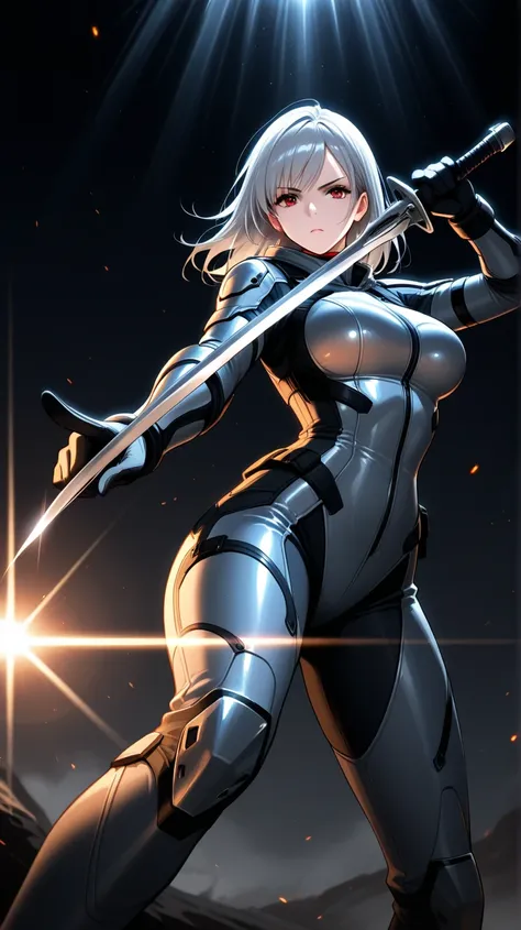Eastern female warrior in silver-red combat suit made of vibranium stands in a fighting stance and holds a sword pointing the blade at the viewer, in the background there is a dark space with rays of light, detail, high quality, cinematic lighting