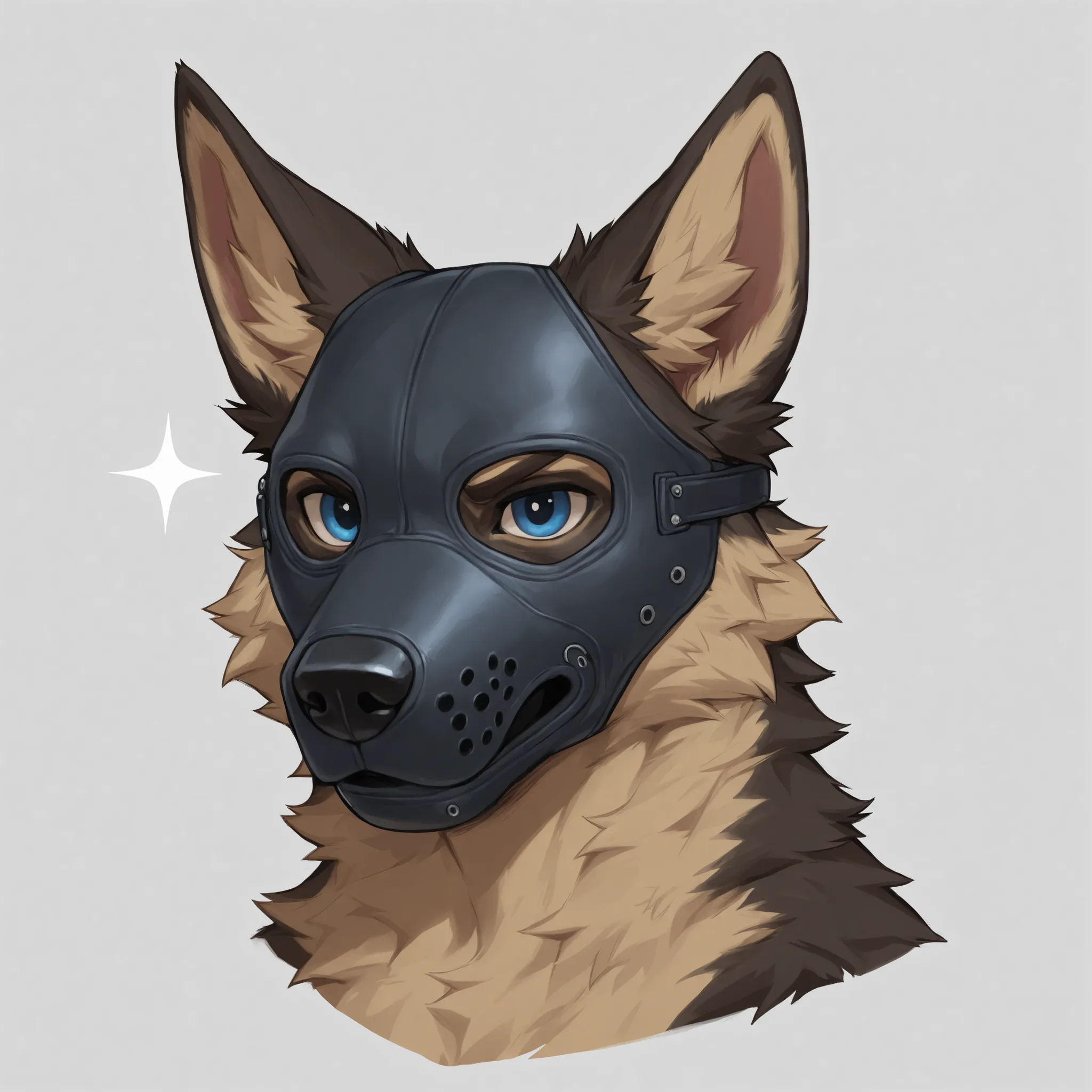 Furry, 1boy, highly detailed, breathtaking, male only, 18+, headshot, pup mask, german shepherd, white background