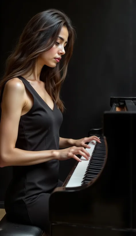 a beautiful girl in black mini skirt is playing piano on stage, half body