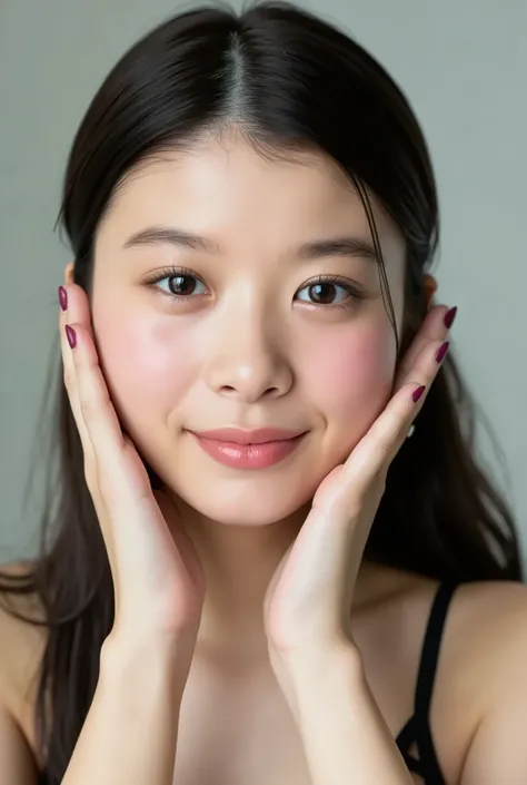 extreme close-up portrait, beautiful girl with her love-struck, radiant face filling the entire frame (95% face ratio), gently placing both open hands on her flushed cheeks with soft fingers, soft black camisole, white blurred background, eyes dreamy and h...