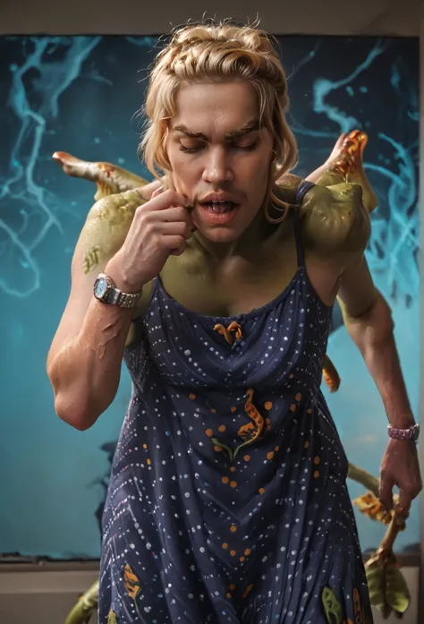 score_9,score_8_up,score_7_up,score_6_up,score_5_up,score_4_up, (((myfavalien))), blonde woman lizzie transforming into a green veenox, blonde woman lizzie, 1girl, solo, dress, dark skin, watch, closed eyes, tail, wristwatch, dark-skinned female, polka dot...