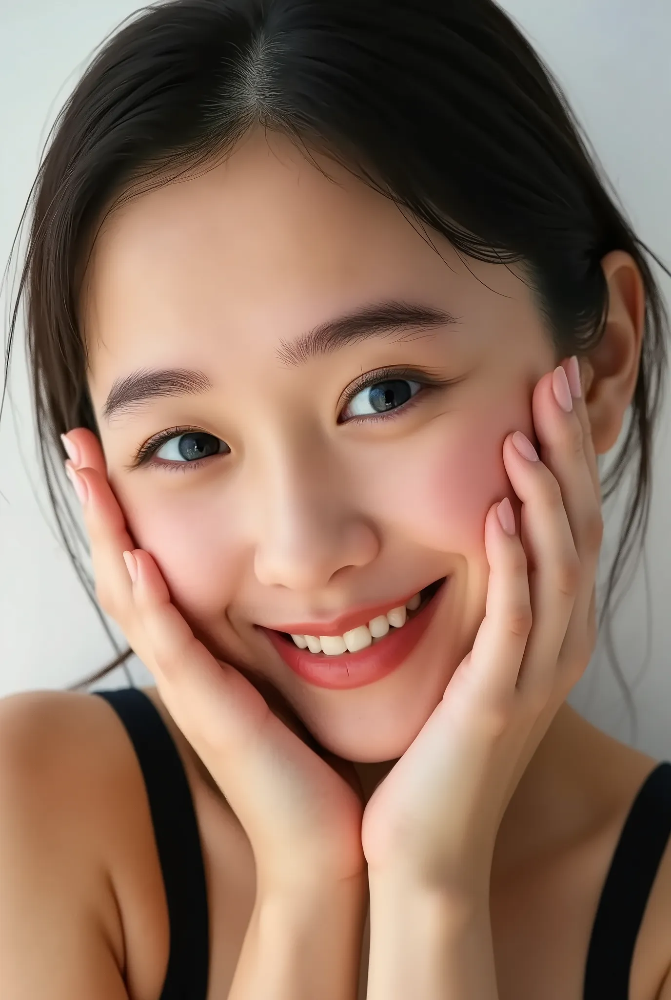 extreme close-up portrait, beautiful girl with her love-struck, radiant face filling the entire frame (95% face ratio), gently placing both open hands on her flushed cheeks with soft fingers, soft black camisole, white blurred background, eyes dreamy and h...