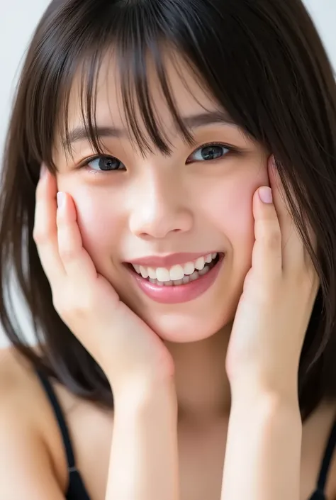 extreme close-up portrait, beautiful girl with her love-struck, radiant face filling the entire frame (95% face ratio), gently placing both open hands on her flushed cheeks with soft fingers, soft black camisole, white blurred background, eyes dreamy and h...