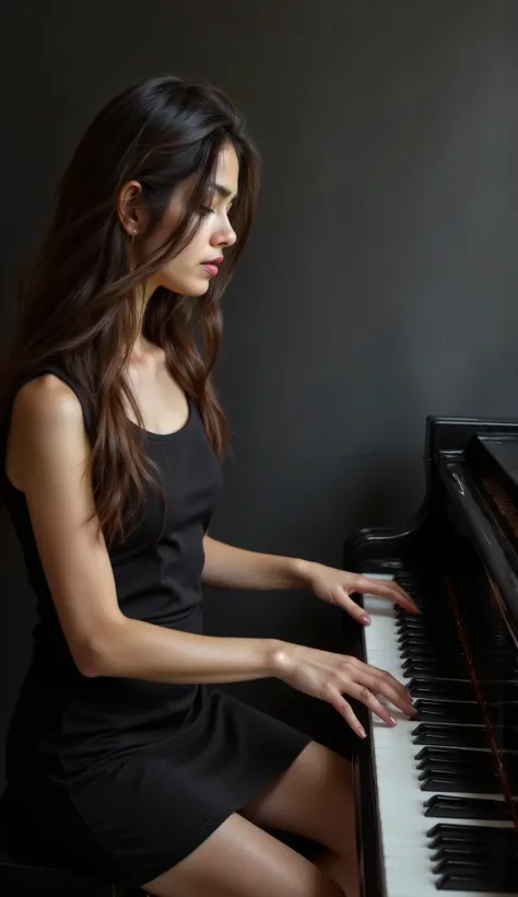 a beautiful girl in black mini skirt is playing piano on stage, half body