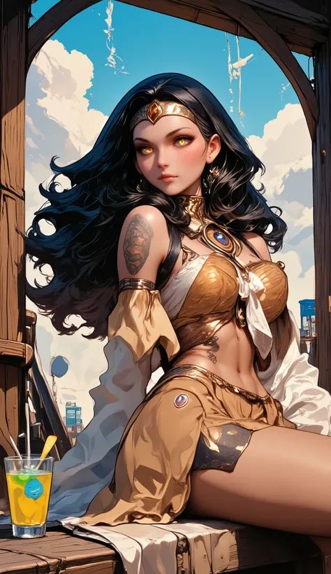 A stylized, anime native American character lounging comfortably on a rustic wooden surface, wearing a fur top and skirt that reflects a tribal aesthetic. She has long, wavy hair adorned with a headband and tribal markings on her skin. Next to her is a col...