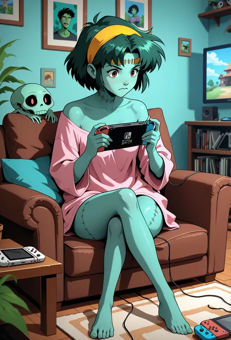 a zombie girl with green skin and dark green hair, yellow headband, stitched body, playing a Nintendo Switch, sitting in her living room, alone, in full view in a highly detailed anime style