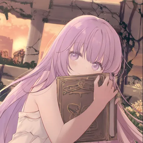 HIGH-resolution. Wallpaper of a cute girl up body, and long purple hair with bangs. Hair bangs. Holding a book. Showing the universe through her eyes. . slightly side view. wearing a white dress. Atens acropolis ruins background ate the sunset.