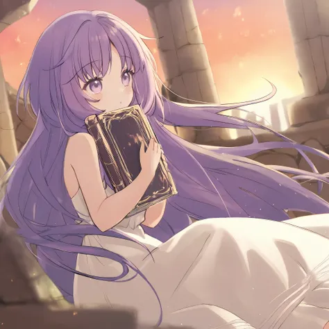 HIGH-resolution. Wallpaper of a cute girl up body, and long purple hair with bangs. Hair bangs. Holding a book. Showing the universe through her eyes. . slightly side view. wearing a white dress. Atens acropolis ruins background ate the sunset.